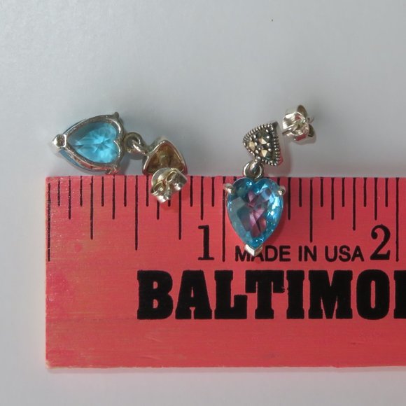 Heart Blue Topaz Sterling Silver Marcasites Post Back Earrings - Picture 15 of 15